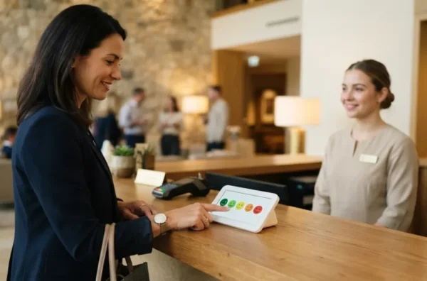 Gość hotelu ocenia pobyt na panelu ankietowym przy recepcji