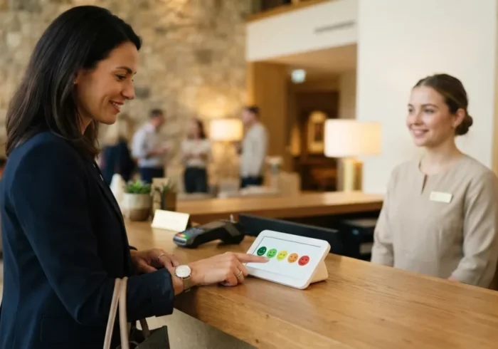 Gość hotelu ocenia pobyt na panelu ankietowym przy recepcji