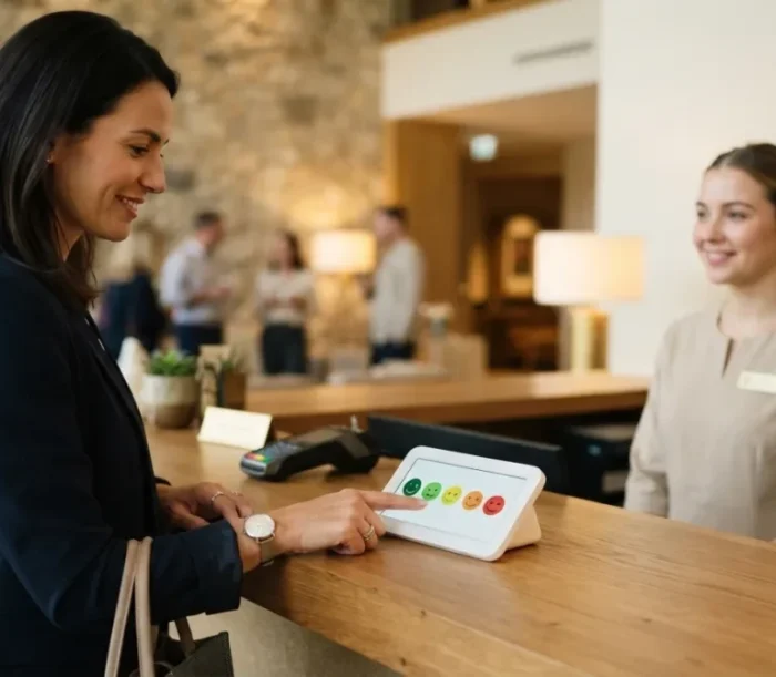 Gość hotelu ocenia pobyt na panelu ankietowym przy recepcji